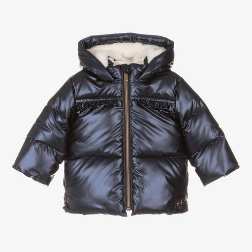 Carrément Beau-Girls Navy Blue Padded Hooded Coat | Childrensalon