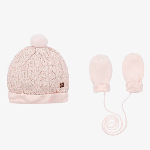 Carrément Beau-Girls Pink Knitted Hat & Mittens Set | Childrensalon