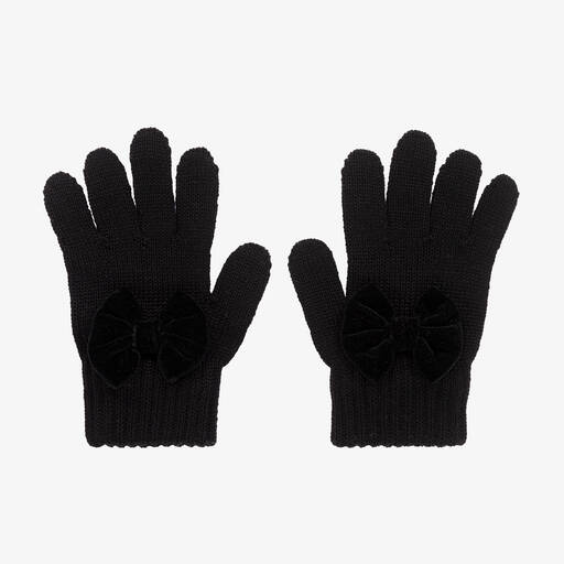 Catya-Girls Black Wool Knit Bow Gloves | Childrensalon