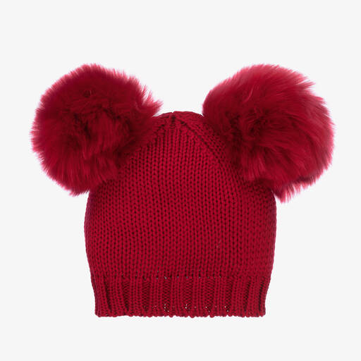 Catya-قبعة بوم-بوم صوف مارينو محبوك لون أحمر للبنات | Childrensalon
