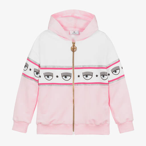 Chiara Ferragni Kids-Girls Pink Logo Cotton Zip-Up Hoodie | Childrensalon