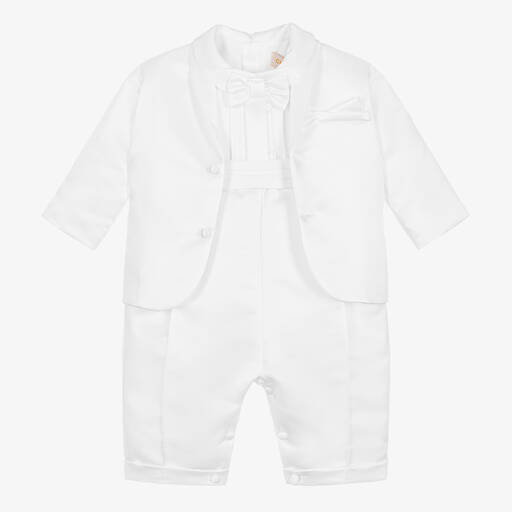 Childrensalon Occasions-Baby Boys White Satin Shortie Suit  | Childrensalon