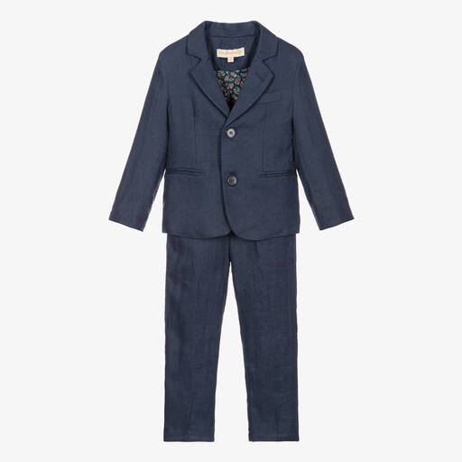 Childrensalon Occasions- Boys Navy Blue Linen Trouser Suit & Tie | Childrensalon