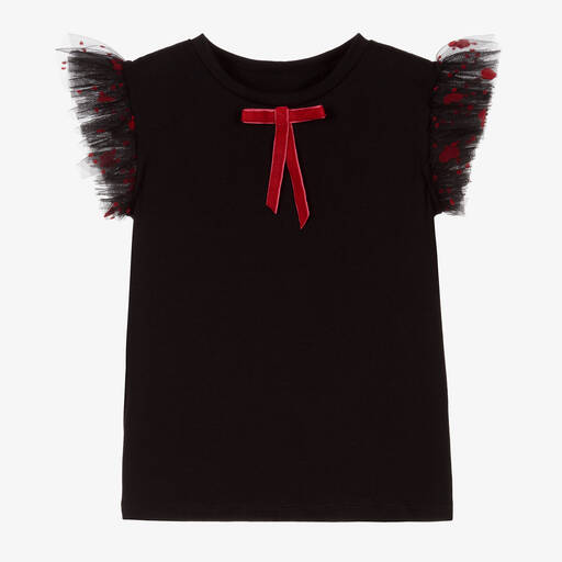 Childrensalon Occasions-Girls Black & Red Bow Cotton T-Shirt  | Childrensalon