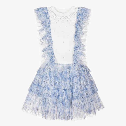 Childrensalon Occasions-Girls Blue Pleated Floral Tulle Skirt Set | Childrensalon