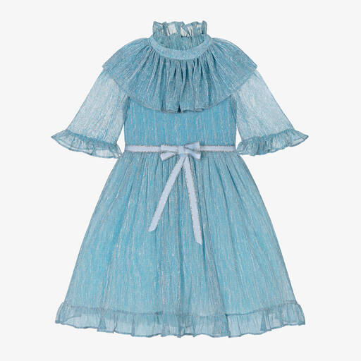 Childrensalon Occasions-Girls Blue Sparkly Plissé Dress | Childrensalon