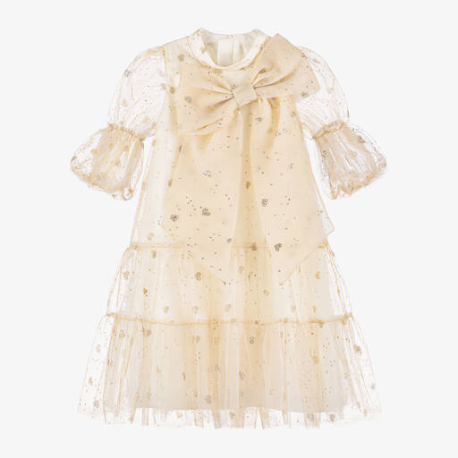 Childrensalon Occasions-Girls Gold Glittery Heart Tulle Dress | Childrensalon