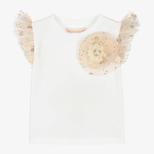 Childrensalon Occasions-Кремовая хлопковая футболка с золотистыми рукавами из тюля  | Childrensalon