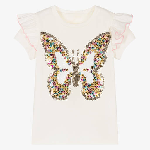 Childrensalon Occasions-Girls Ivory Cotton Sequin Butterfly Top | Childrensalon