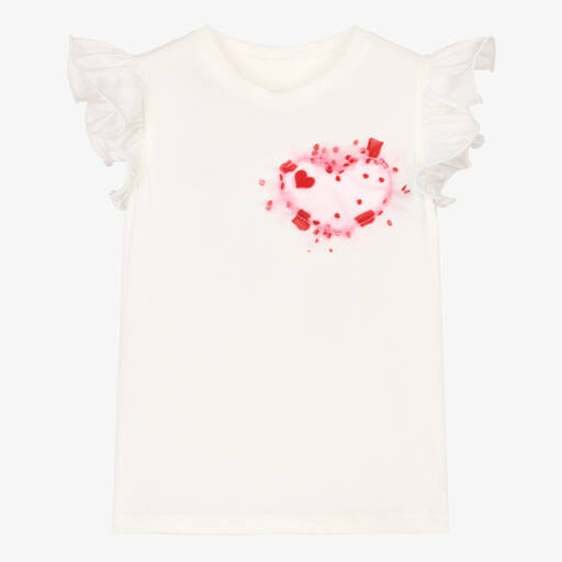 Childrensalon Occasions-T-shirt ivoire et rose en coton à coeur fille | Childrensalon
