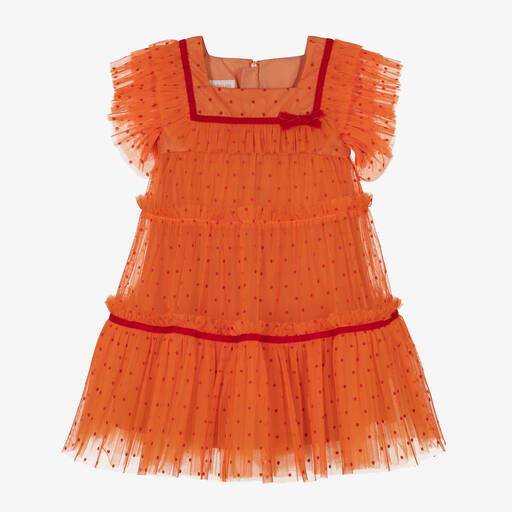 Childrensalon Occasions-Robe en tulle orange à pois fille | Childrensalon