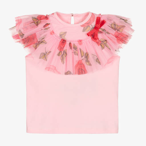 Childrensalon Occasions-Розовая хлопковая футболка с розами из тюля | Childrensalon