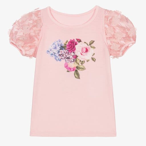 Childrensalon Occasions-Розовая хлопковая футболка с цветами для девочек | Childrensalon