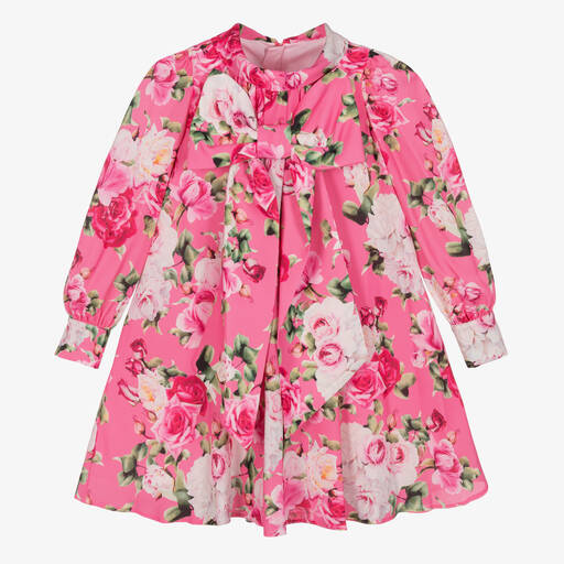 Childrensalon Occasions-Розовое платье из крепа с бантом и цветами  | Childrensalon