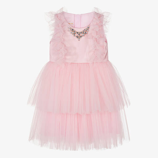 Childrensalon Occasions-Girls Pink Jewelled Satin & Tulle Dress  | Childrensalon