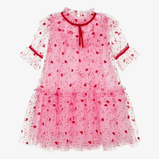 Childrensalon Occasions-Robe rose et rouge en tulle à cœurs fille | Childrensalon