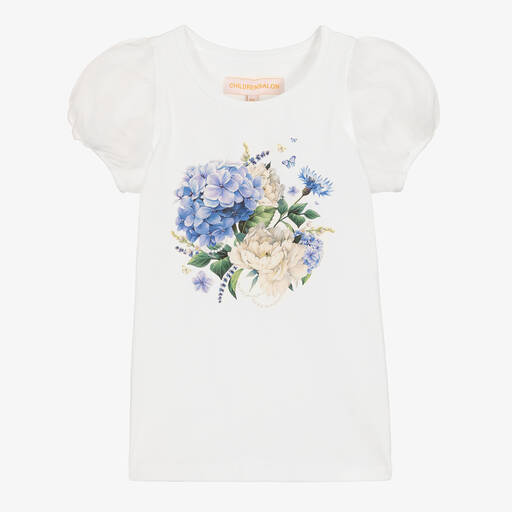 Childrensalon Occasions-Girls White & Blue Floral Cotton T-Shirt | Childrensalon