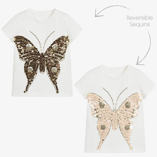 Childrensalon Occasions-Weißes T-Shirt mit Pailletten-Schmetterling | Childrensalon