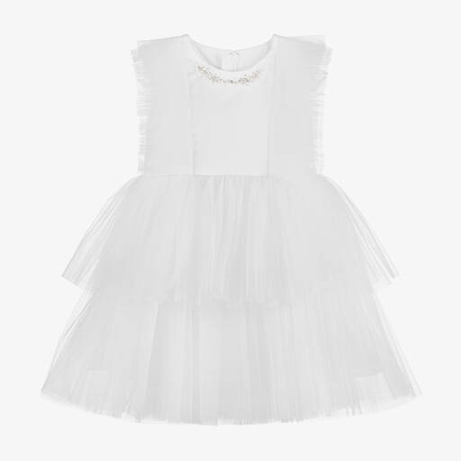 Childrensalon Occasions-Girls White Satin & Tulle Dress | Childrensalon