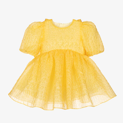 Childrensalon Occasions-فستان لون أصفر مزين بفيونكة بأكمام منفوشة | Childrensalon