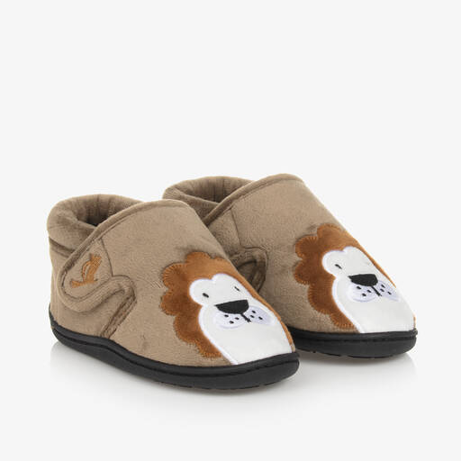 Chipmunks-Dark Beige Velcro Lion Slippers | Childrensalon