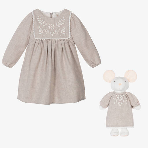 Chloé-Baby Girls Grey Cotton Dress & Toy Gift Set | Childrensalon