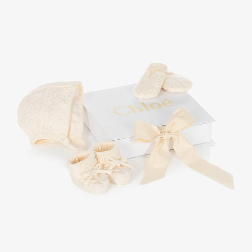 Chloé-Baby Girls Ivory Hat & Booties Gift Set | Childrensalon