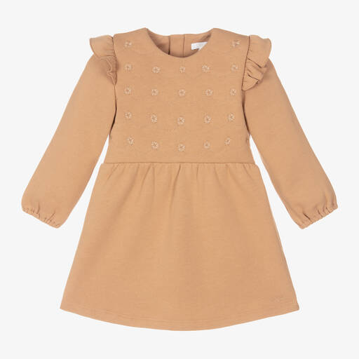Chloé-Dark Beige Organic Cotton Embroidered Dress | Childrensalon