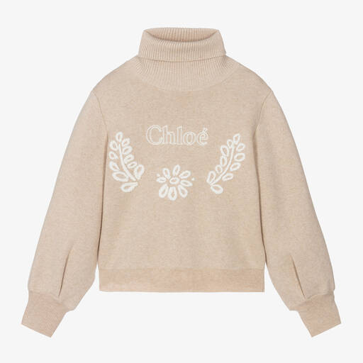 Chloé-Girls Beige Cotton Roll Neck Flower Sweater | Childrensalon