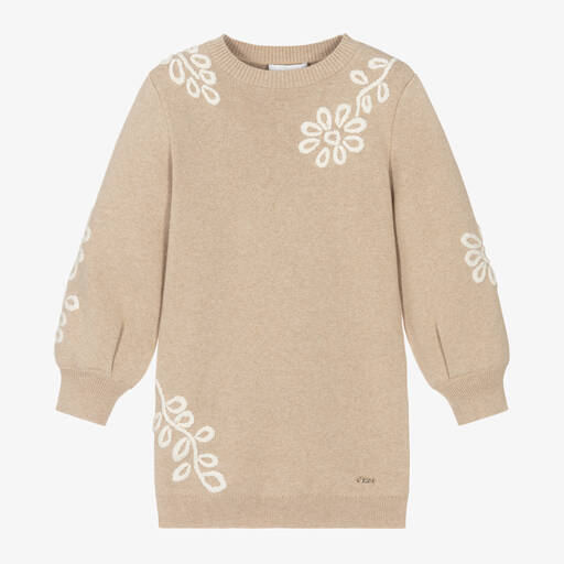 Chloé-Girls Beige Cotton & Wool Sweater Dress | Childrensalon