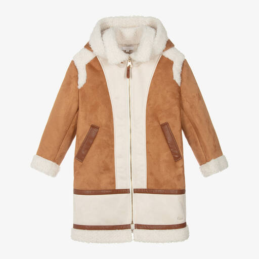 Chloé-Girls Beige Faux Suede & Sherpa Fleece Coat | Childrensalon