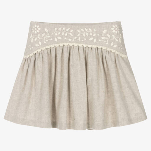 Chloé-Girls Beige Organic Cotton Embroidered Skirt | Childrensalon