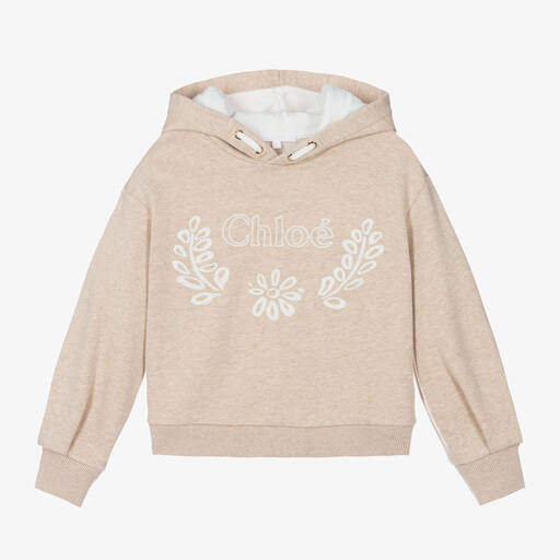 Chloé-Girls Beige Organic Cotton Hoodie | Childrensalon