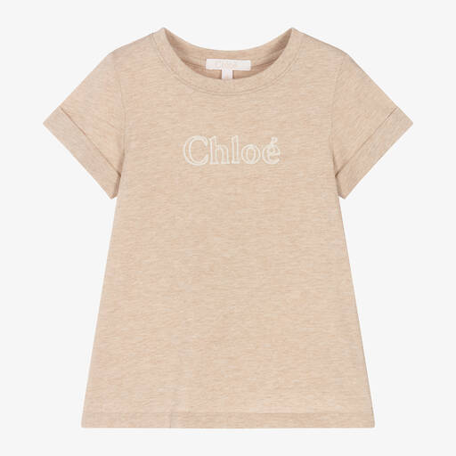 Chloé-Girls Beige Organic Cotton T-Shirt | Childrensalon