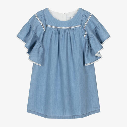 Chloé-فستان قطن شامبري لون أزرق | Childrensalon