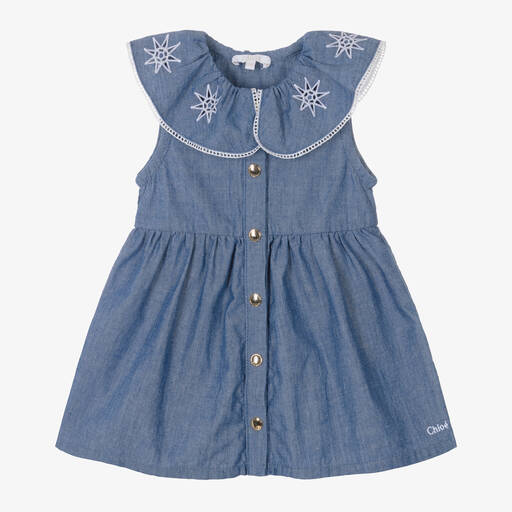 Chloé-Girls Blue Chambray Star Dress | Childrensalon