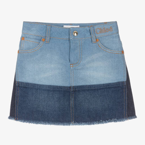 Chloé-Girls Blue Colourblock Denim Skirt | Childrensalon