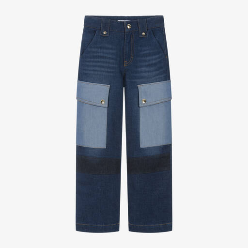 Chloé-Girls Blue Denim Contrast Pocket Jeans | Childrensalon