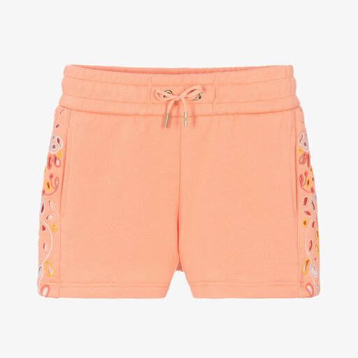 Chloé- Girls Coral Orange Floral Shorts | Childrensalon
