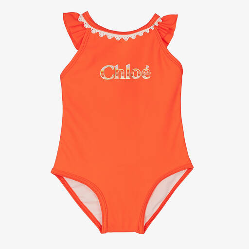 Chloé-Girls Coral Orange Logo Swimsuit | Childrensalon