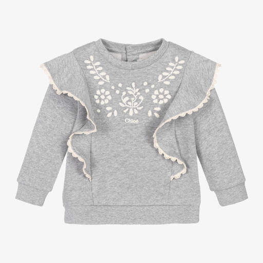 Chloé-Girls Grey Embroidered Organic Cotton Sweatshirt | Childrensalon