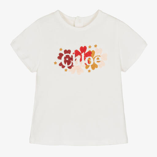 Chloé-Girls Ivory Organic Cotton Embroidered T-Shirt | Childrensalon