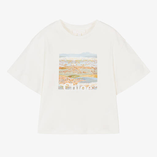 Chloé-Girls Ivory Organic Cotton T-Shirt | Childrensalon