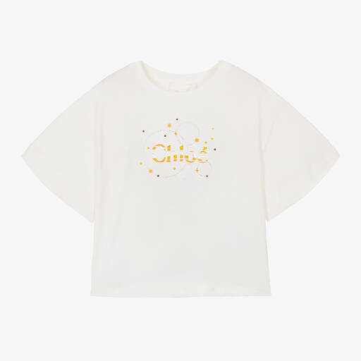 Chloé-Girls Ivory Organic Cotton T-Shirt  | Childrensalon