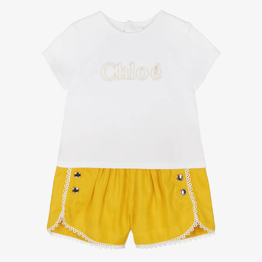 Chloé-Girls Ivory Top & Yellow Linen Shorts Set | Childrensalon
