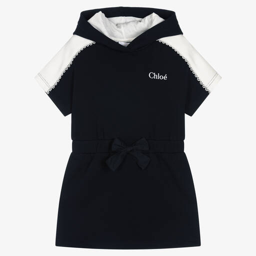 Chloé-Girls Navy Blue Cotton Logo Hoodie Dress | Childrensalon