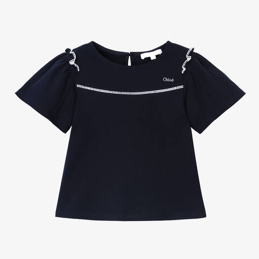 Chloé-Girls Navy Blue Cotton T-Shirt | Childrensalon