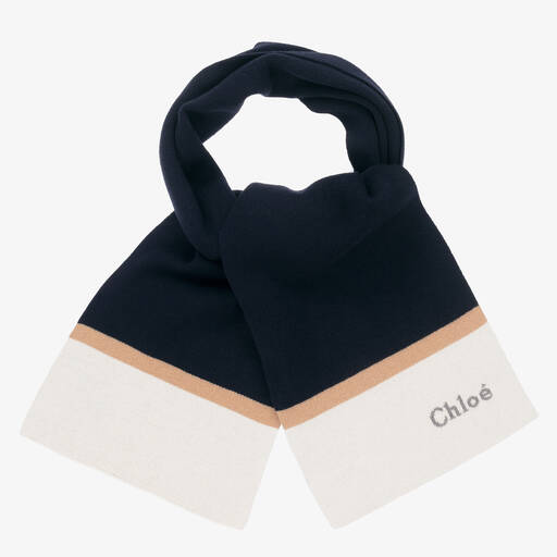 Chloé-Girls Navy Blue Cotton & Wool Knit Scarf | Childrensalon