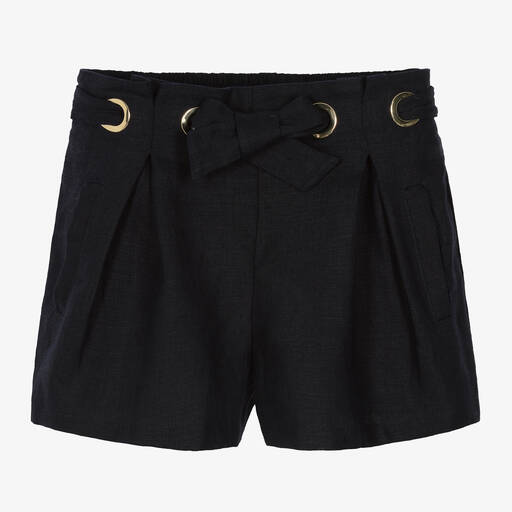 Chloé-Girls Navy Blue Linen Shorts | Childrensalon