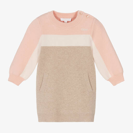 Chloé-Girls Pink & Beige Cotton Sweater Dress | Childrensalon